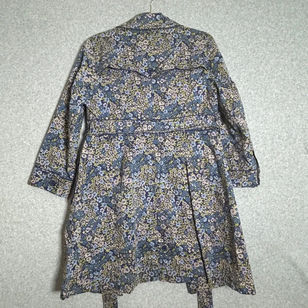 Elevenses Floral Trench Coat Women M 10 Blue Botanical Belted Jacket Cottagecore